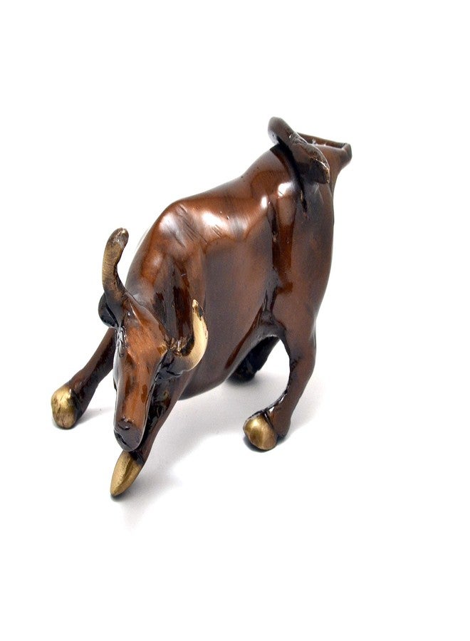 Two Moustaches 5 Inches Brass Bull Showpiece, Brass Charging Bull Showpiece, Wall Street Bull Statue, Standard, Brown, Home Decor Showpiece - Image 1